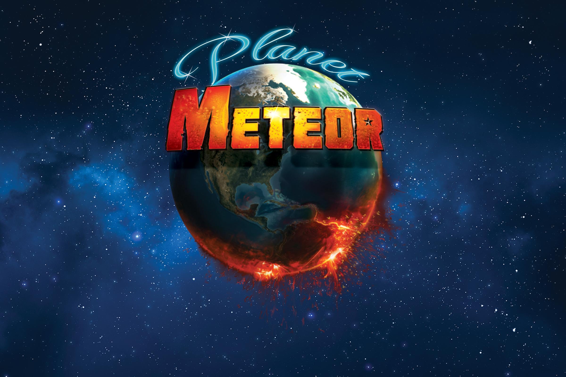 Erdähnlicher Planet brennt vor sich hin, während das METEOR-Logo ihn halb verdeckt
